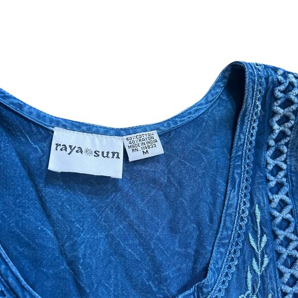 raya sun Women's Rayon Blend Sundress Blue Embroidered Button Front Size M - Picture 7 of 7